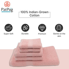 Patpug 100% Indian Cotton Plush Towel Set 1200 Gsm | Highly Absorbent, Fade Resistant, Quick Drying (Baby Pink) - 5 Piece