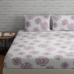 Flat Bedsheet For Double Bed With 2 Pillow Covers - 88 X 96 Inches, White (Mauve Print) | Comfort Fabric Bedsheet Home, Hotel & Guest House