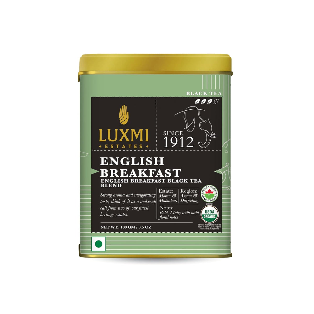 Luxmi Estates English Breakfast Black Tea Blend - 100gm Tin, 3.5 Ounce | USDA Organic Certified Tea - Darjeeling & Assam Tea | Smooth, Flavorful, Robust, Caffeinated Black Tea