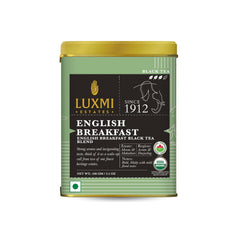 Luxmi Estates English Breakfast Black Tea Blend - 100gm Tin, 3.5 Ounce | USDA Organic Certified Tea - Darjeeling & Assam Tea | Smooth, Flavorful, Robust, Caffeinated Black Tea