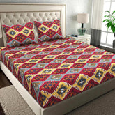 Pure Microfiber Double Bedsheet With 2 Pillow Covers - 88 X 90 Inches, Maroon & Grey | Traditional Jaipuri Rajasthani Handcrafted Design Bedsheet