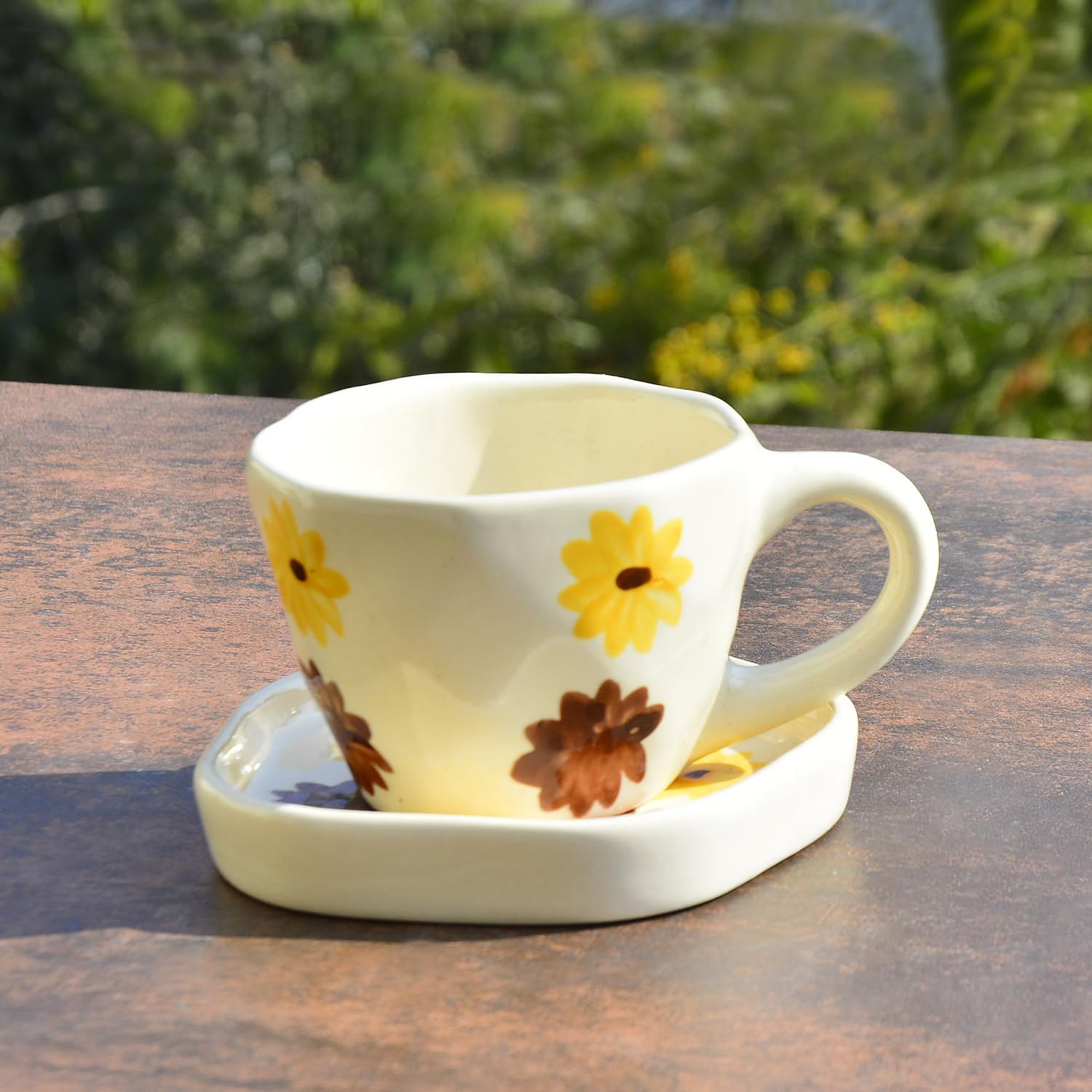 Hand Painted Ceramic Cup & Saucer Set Of 2 - Yellow & Brown, 250ml Each | Microwave Safe Tea Cups & Mugs - Chai Cups & Plates Hand Painted Ceramic Cup & Saucer Set Of 2 - Yellow & Brown, 250ml Each | Microwave Safe Tea Cups & Mugs - Chai Cups & Plates