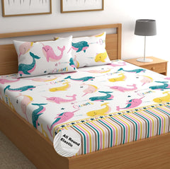 Cartoon Printed Double Bedsheet For Kids With 2 Pillow Cover - 72 X 78 X 10 Inches, Multicolor | Cotton Feel All Around Elastic Fitted King Size Double Bed