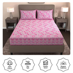 Handloom Printed Double Bedsheet For Queen Size With 2 Matching Pillow Cover | Size 90 X 100 Inches, Light Pink - Cotton Bedsheets For Double Bed | Soft & Smooth