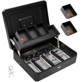 Cash Box With Lock & 2 Keys, Metal Money Box With Cash Tray, Portable Lock Safe Box, 4 Bill, 5 Coin Slots, Large Cash Boxes With Money Tray For Small Business 11.8 X 9.5 X 3.5 Inch, Colour - Black