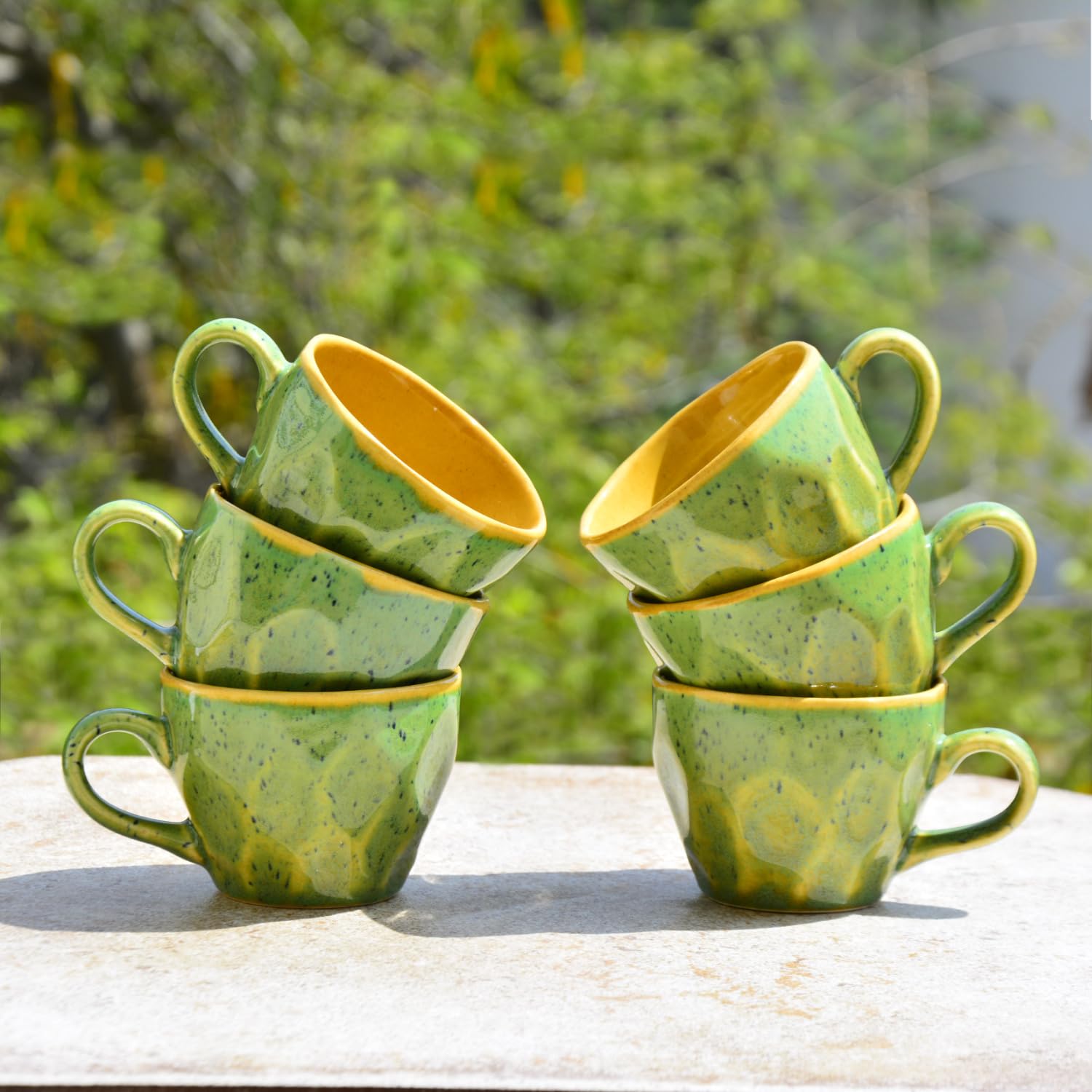 Hand Crafted Ceramic Coffee Mugs Set Of 6 - 200ml Each, Green & Yellow | Chai Cups - Coffee Mug Set - Tea Cup Set Hand Crafted Ceramic Coffee Mugs Set Of 6 - 200ml Each, Green & Yellow | Chai Cups - Coffee Mug Set - Tea Cup Set