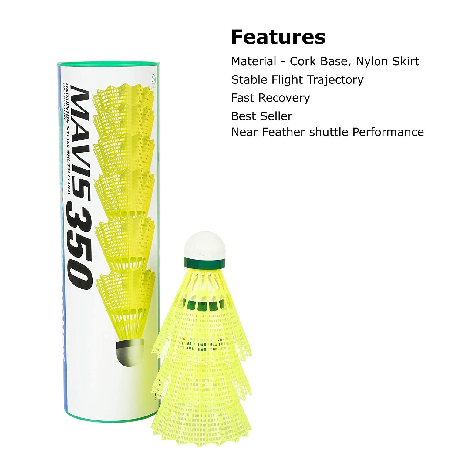Yonex MAVIS 350 Badminton Nylon Shuttlecocks, Green Cap, Colour - Yellow, Pack Of 6 Shuttles Yonex MAVIS 350 Badminton Nylon Shuttlecocks, Green Cap, Colour - Yellow, Pack Of 6 Shuttles