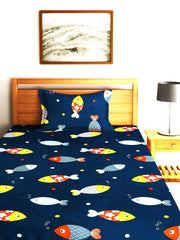Single Bedsheet With One Matching Pillow Cover - 55 X 90 Inches, Navy Blue | Microfiber Kids Fishes Bedsheet | Normal Hand Wash Or Machine Wash