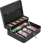 Cash Box With 2 Key Lock Storage Security 4 Note, 5 Coin Slots,11.8" X 9.5" X 3.5", Colour - Black, Material - Metal