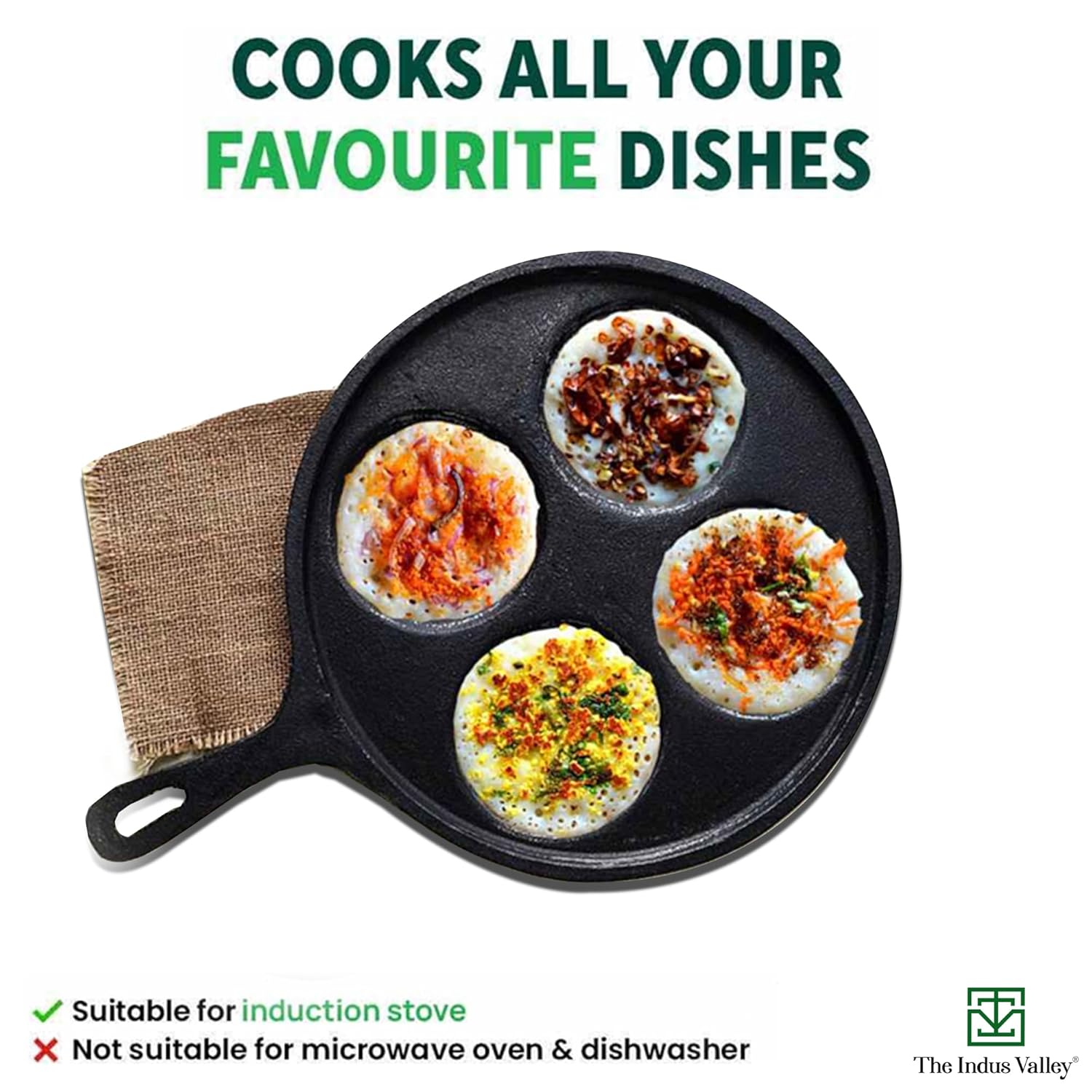 Pre-Seasoned Black Cast Iron Uttapam Tawa - 4 Pit, 27.5cm, 10.8 Inch, 2.5 Kg | Induction Friendly, Naturally Nonstick, 100% Pure & Toxin-Free, No Chemical Coating Pre-Seasoned Black Cast Iron Uttapam Tawa - 4 Pit, 27.5cm, 10.8 Inch, 2.5 Kg | Induction Friendly, Naturally Nonstick, 100% Pure & Toxin-Free, No Chemical Coating