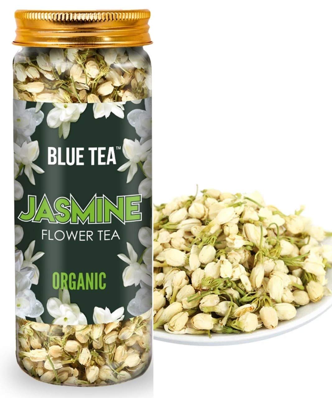 Blue Tea Organic Jasmine Flower Herbal Tea - 30gm Reusable Pet Jar, 1.05 Ounce, 30 Cups | Non-Bitter, Flower Based Super Antioxidant Tea - For Slimming Body & Stress Relief