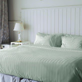 Stripe Cotton Fitted King Bedsheet With 2 Pillow Covers - 72x78 Inches, Sage Green | 12"Deep Pocket-1 Elastic Fitted-Sateen Weave Premium Bedding Set For Double Bed