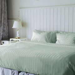 Stripe Cotton Fitted King Bedsheet With 2 Pillow Covers - 72x78 Inches, Sage Green | 12"Deep Pocket-1 Elastic Fitted-Sateen Weave Premium Bedding Set For Double Bed