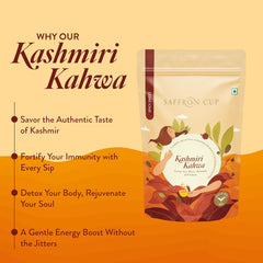Saffron Cup Kashmiri Kahwa Green Tea - 100gm, 3.5 Ounce | Infused Green Tea With Cardamom, Rose Petals, Cinnamon & Almonds - 100% Natural, Rich In Antioxidants | Low Caffeine, Airtight Zip Lock Pouch