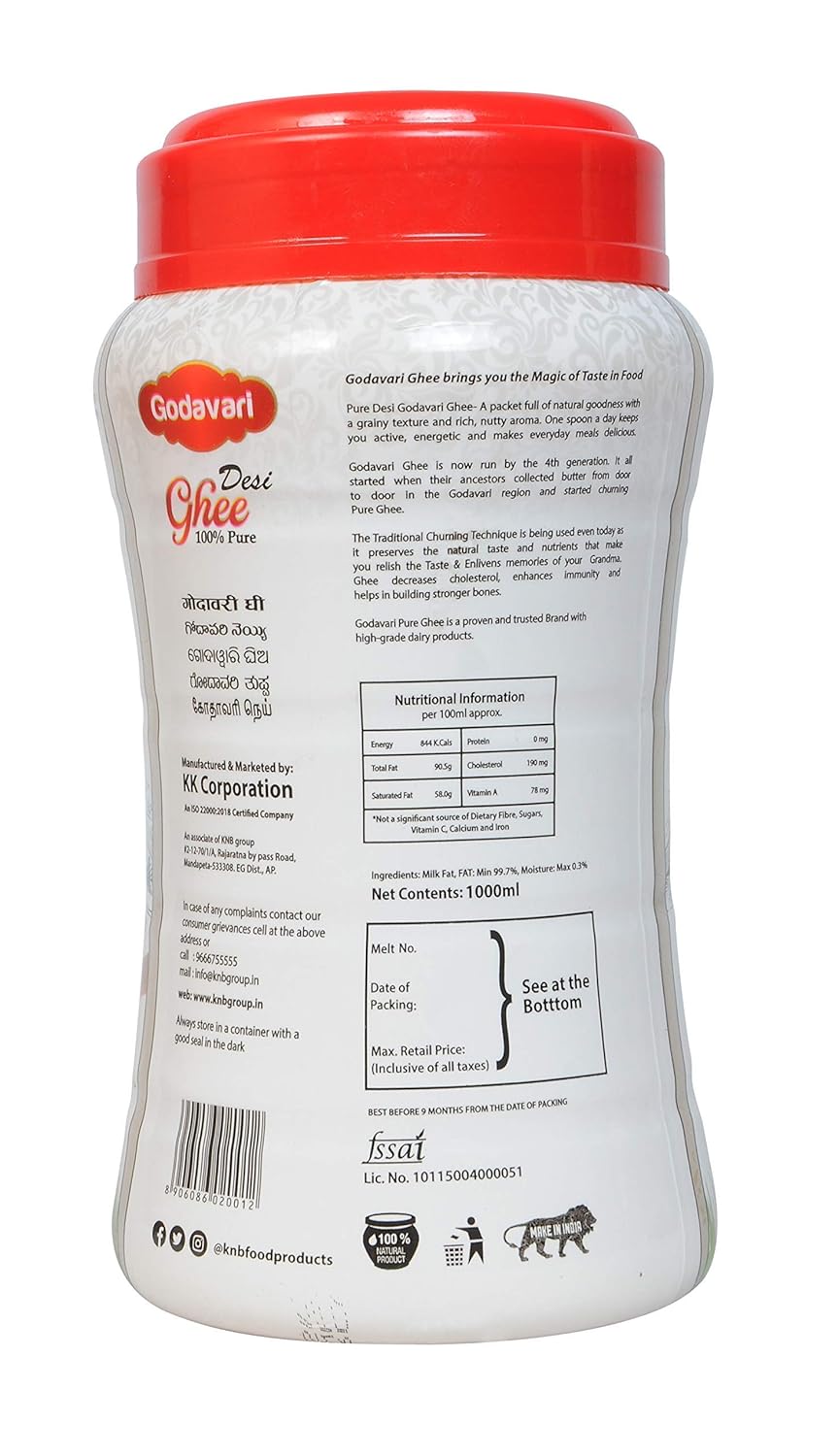 Organic Pure Desi Ghee By Godavari | High In Protein Fiber Healthy Desi Ghee Good For Taste | (1 Litr) 33.8 Ounce | Jar Pack Organic Pure Desi Ghee By Godavari | High In Protein Fiber Healthy Desi Ghee Good For Taste | (1 Litr) 33.8 Ounce | Jar Pack