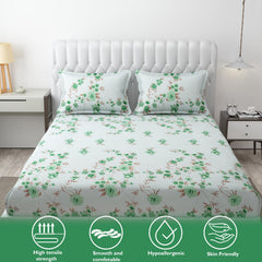 1 Elastic Fitted Bedsheet For King Size & 2 Pillow Covers - 78 X 72 Inches, Sea Green & Brown | Elegant Floral Print Design & Skin-Friendly