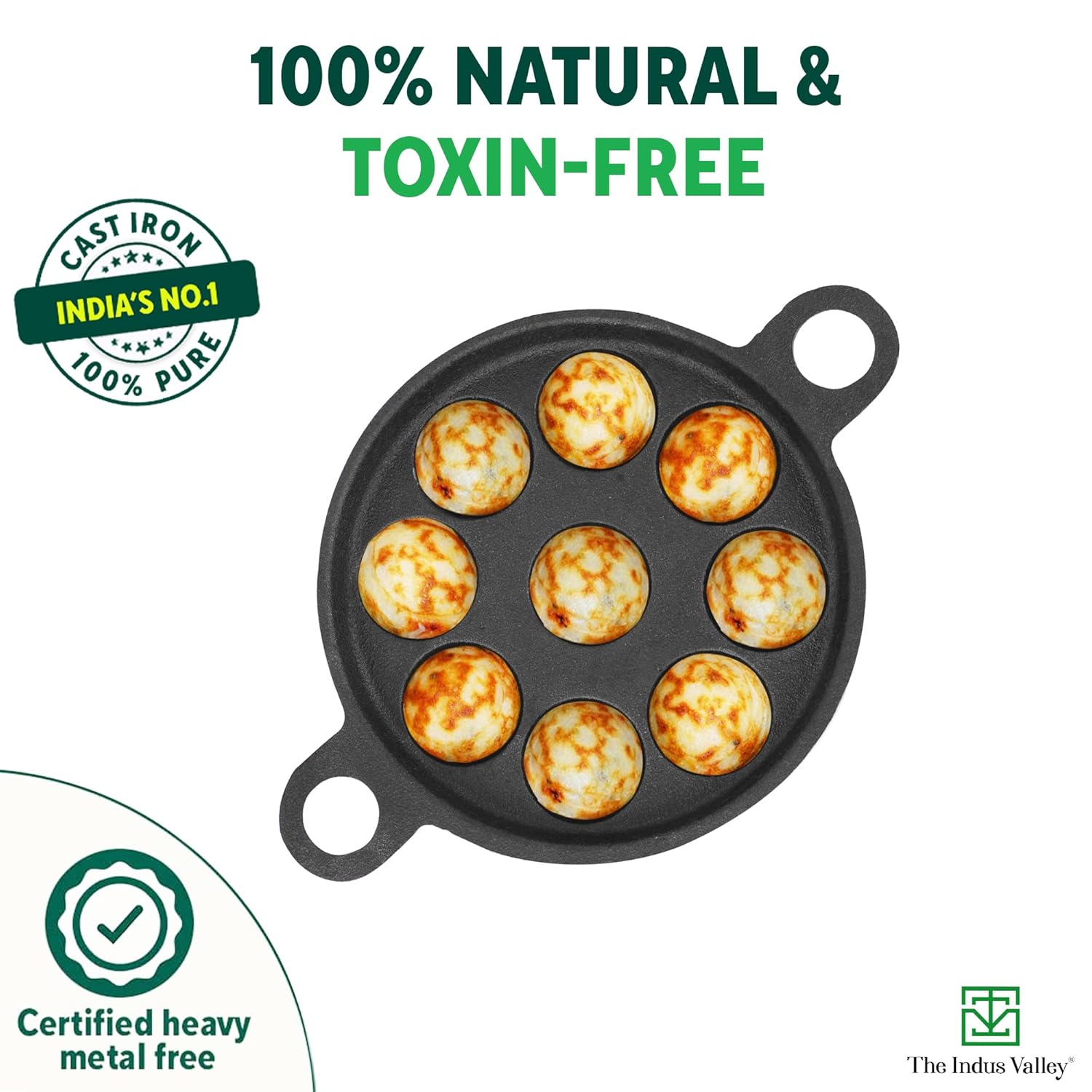 Super Smooth Black Cast Iron Paniyaram Pan With Free Wooden Picker - 9 Pit, 8.2 Inch, 20.8 Cm, 2.7 Kg | Induction Friendly, Pre-Seasoned Paddu Pan, 100% Pure & Toxin-Free, No Chemical Coating Super Smooth Black Cast Iron Paniyaram Pan With Free Wooden Picker - 9 Pit, 8.2 Inch, 20.8 Cm, 2.7 Kg | Induction Friendly, Pre-Seasoned Paddu Pan, 100% Pure & Toxin-Free, No Chemical Coating