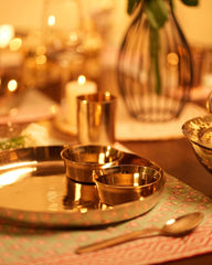 Bronze Kansa Solid Dinner Thali Set (Set Of 1), Gold | 1 Thali+ 2 Bowls+ 1 Glass+ 1 Spoon | Antique Look Set