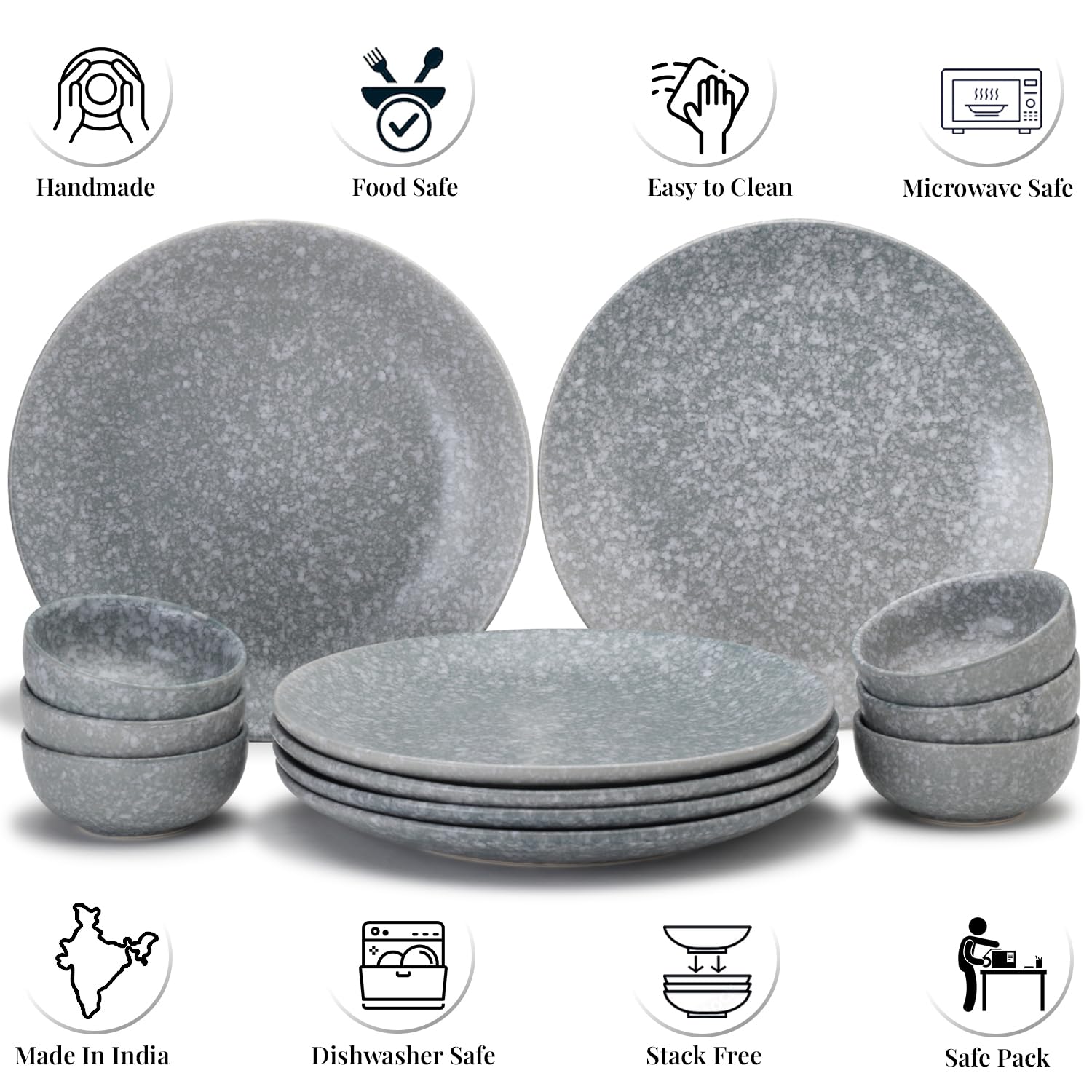 Hand Painted Ceramic Dinner Set Of 12 Pieces Dinnerware Set - Silver Grey | Set Of 6 Dinner Plates + 6 Small Dinner Bowls, 160ml Each - Microwave & Dishwasher Safe Hand Painted Ceramic Dinner Set Of 12 Pieces Dinnerware Set - Silver Grey | Set Of 6 Dinner Plates + 6 Small Dinner Bowls, 160ml Each - Microwave & Dishwasher Safe