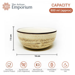 Iris Beige Ceramic Serving Bowl Set Of 2 Pieces, 800ml Each | Hand Painted Large Dining Serving Bowls For Serving - Microwave Safe & Dishwasher Safe