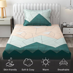 Soft Cotton Printed 1 Single Bedsheet With 1 Large Size Pillow Covers - 60 X 90 Inches, Beige & Green | 240 Thread Count - Light Weight, Suitable For All Seasons & Easy To Wash