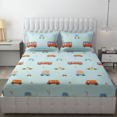 Wrinkle Free Soft Kids Double Bedsheets For King Size With 2 Pillow Cover | 90 X 95 Inches, Aqua | Cartoon Printed Design | Child Bedroom Decor