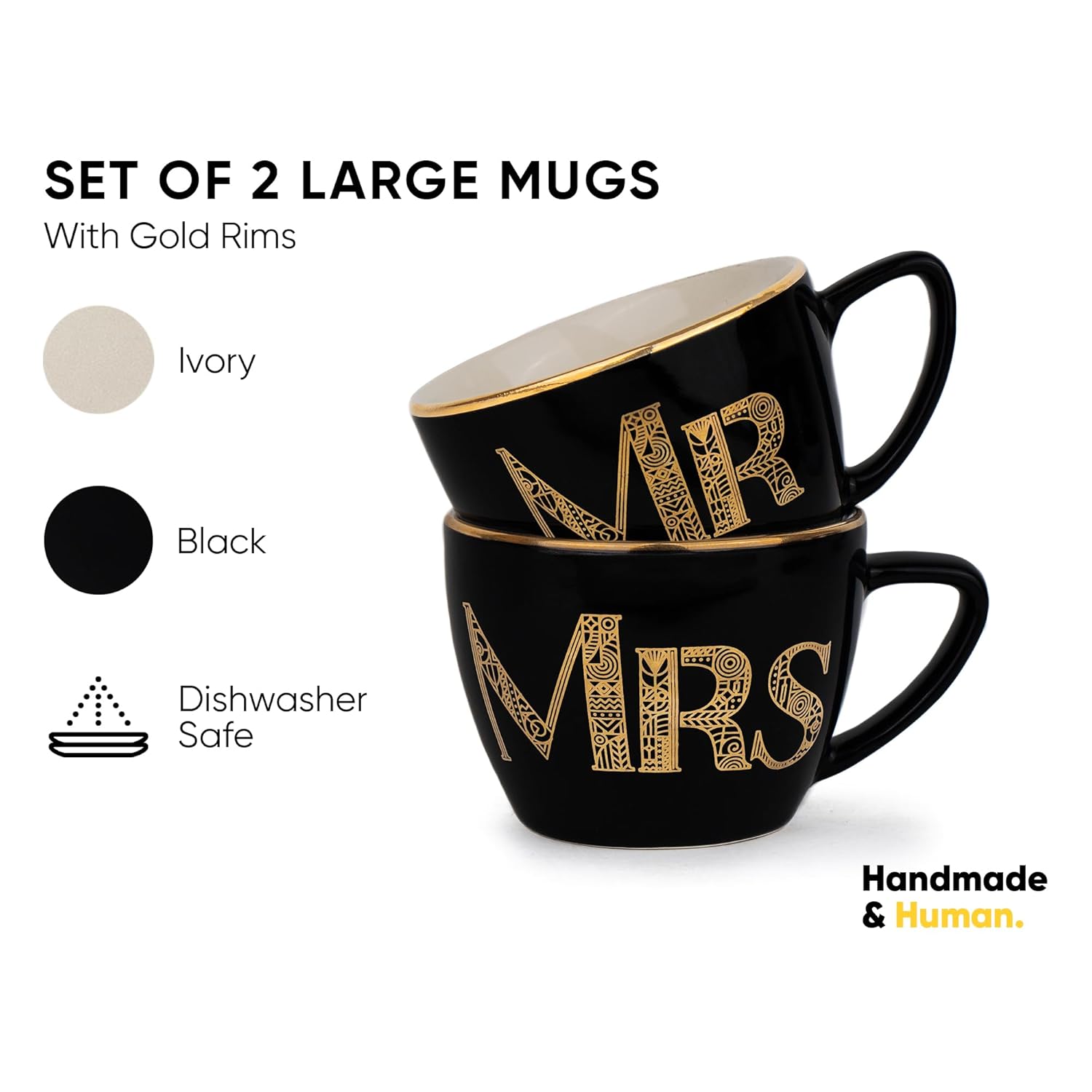 Ceramic Couple Mugs Set Of 2 - Black, 400ml Each | Mr & Mrs Coffee Mug With Glossy Finish - Large Cup For Coffee - Cappuccino Cup | Premium Stoneware Coffee Cup - Microwave Safe, Dishwasher Safe Ceramic Couple Mugs Set Of 2 - Black, 400ml Each | Mr & Mrs Coffee Mug With Glossy Finish - Large Cup For Coffee - Cappuccino Cup | Premium Stoneware Coffee Cup - Microwave Safe, Dishwasher Safe
