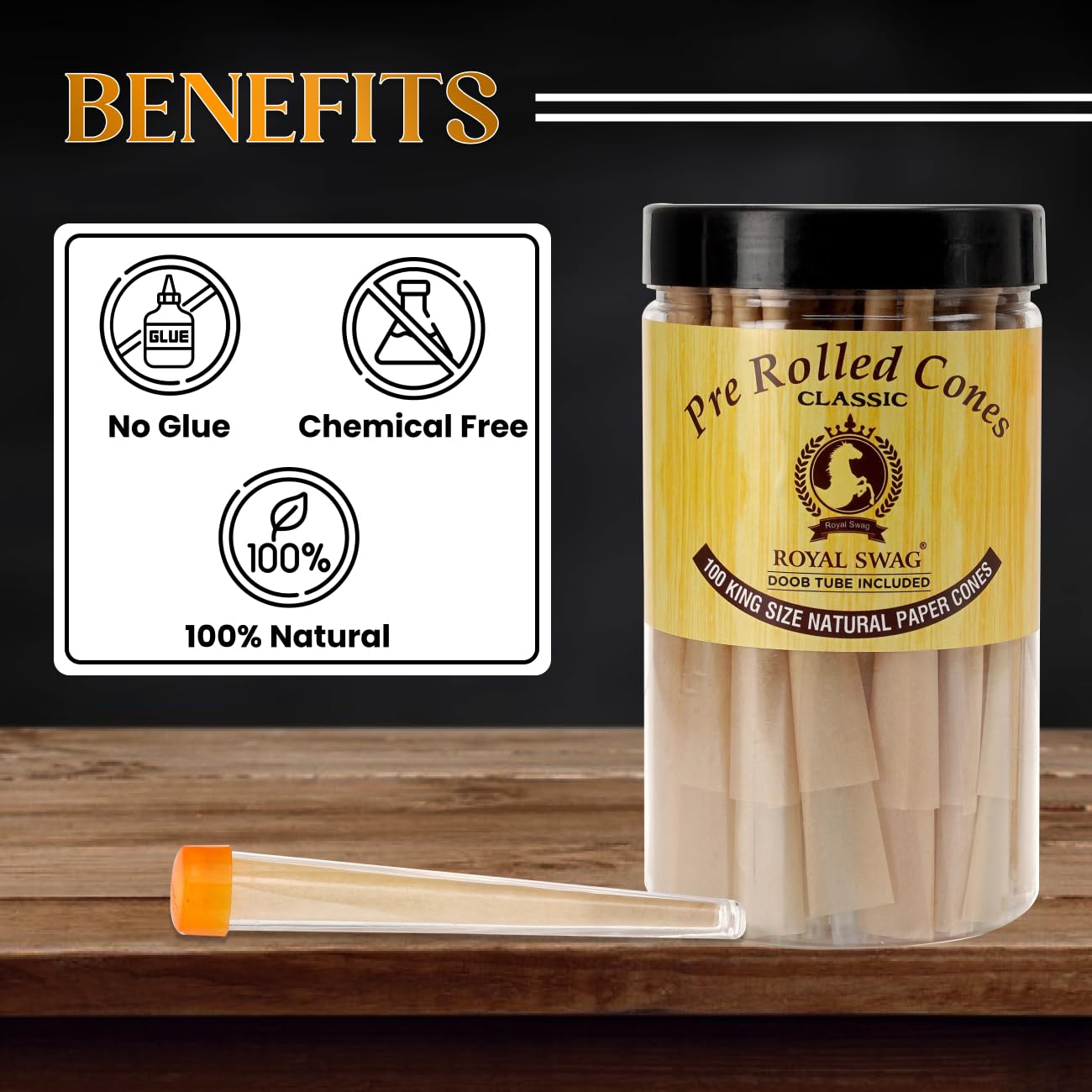Royal Swag Pre-Rolled Cones Classic King Size Rolling Papers With Filter Tips - 110mm Long Cones Party Pack - 100 Count Ready To Use Cones - Includes Fiber Doob Tube Reusable Royal Swag Pre-Rolled Cones Classic King Size Rolling Papers With Filter Tips - 110mm Long Cones Party Pack - 100 Count Ready To Use Cones - Includes Fiber Doob Tube Reusable