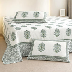 Hand Printed Cotton Bedsheet For King Size With 2 Pillow Covers | 90 X 108 Inches, White & Green | Ultra-Soft & Skin-Safe | Breathable Summer Comfort