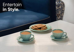 Ceramic Cup & Saucer Set Of 6 - Turquoise, 200ml Each | 6 Cups + 6 Saucers - Premium Stoneware Tea Set With Glossy Finish | Ceramic Tea Cup & Saucer Set - Microwave Safe & Dishwasher Safe