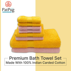 Patpug 100% Indian Cotton Plush Towel Set 2000 Gsm | Highly Absorbent, Fade Resistant, Quick Drying 2 Bath, 2 Hand & 4 Face Towel (Sunrise Yellow & Baby Pink) - 8 Piece