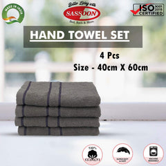 Sassoon Melrose 100% Cotton Hand Towel 800 Gsm | Highly Absorbent, Soft Material Perfect For Daily Use (Grey) -4 Piece