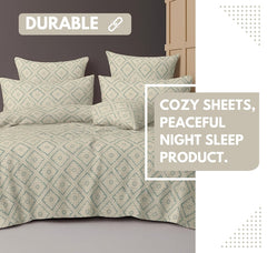 Cotton Double Bedsheets King Size With 2 Pillow Covers | Size 78 X 72+10 Inches, White & Green - All Around Elastic Fitted Design Bedsheet