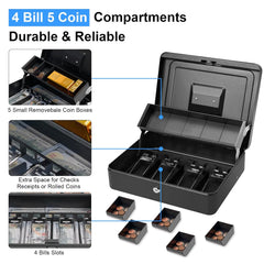 Cash Box With Lock & 2 Keys, Metal Money Box With Cash Tray, Portable Lock Safe Box, 4 Bill, 5 Coin Slots, Large Cash Boxes With Money Tray For Small Business 11.8 X 9.5 X 3.5 Inch, Colour - Black