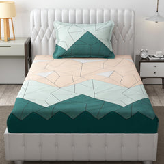 Soft Cotton Printed 1 Single Bedsheet With 1 Large Size Pillow Covers - 60 X 90 Inches, Beige & Green | 240 Thread Count - Light Weight, Suitable For All Seasons & Easy To Wash