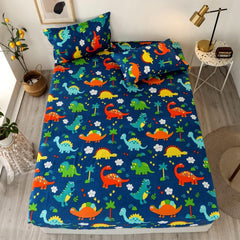 Cartoon Printed Double Bedsheet For Kids With 2 Pillow Cover - 72 X 78 X 10 Inches, Dark Blue | Cotton Feel All Around Elastic Fitted King Size Double Bed