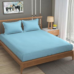 Stripe Glace Cotton 1 Double Bedsheet With 2 Pillow Cover - 91 X 90 Inches, Light Blue | Fade Resistant & Durable Breathable & Wrinkle Free Bed Sheet