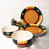 Boho Fiesta Hand Painted Ceramic Dinner Set - 10 Pieces, Multicolor | 4 Dinner Plates + 4 Katori Serving Bowls, 180ml Each+ 2 Serving Bowls, 800ml Each Dinnerware Set | Serving For 4, Microwave Safe