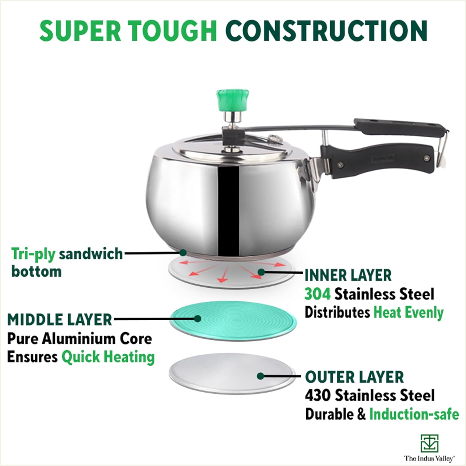 Inner Lid Stainless Steel Pressure Cooker 5 Liters With Tri-Ply Sandwich Bottom - ISI Certified, 5 Year Warranty Inner Lid Stainless Steel Pressure Cooker 5 Liters With Tri-Ply Sandwich Bottom - ISI Certified, 5 Year Warranty