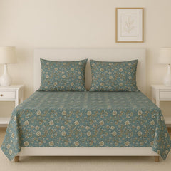 Glace Cotton Flat Double Bedsheets With 2 Pillow Covers | 90 X 90 Inches, Light Green & Beige | Double Bed Breathable | Wrinkle Free & Summer