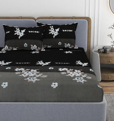 Printed Double Bedsheet With 2 Matching Pillow Covers - 72 X 78 X 10 Inches, Black & Grey | All Around Elastic Fitted King Size Bedsheets | Ideal For Home, Hotel, Bedroom