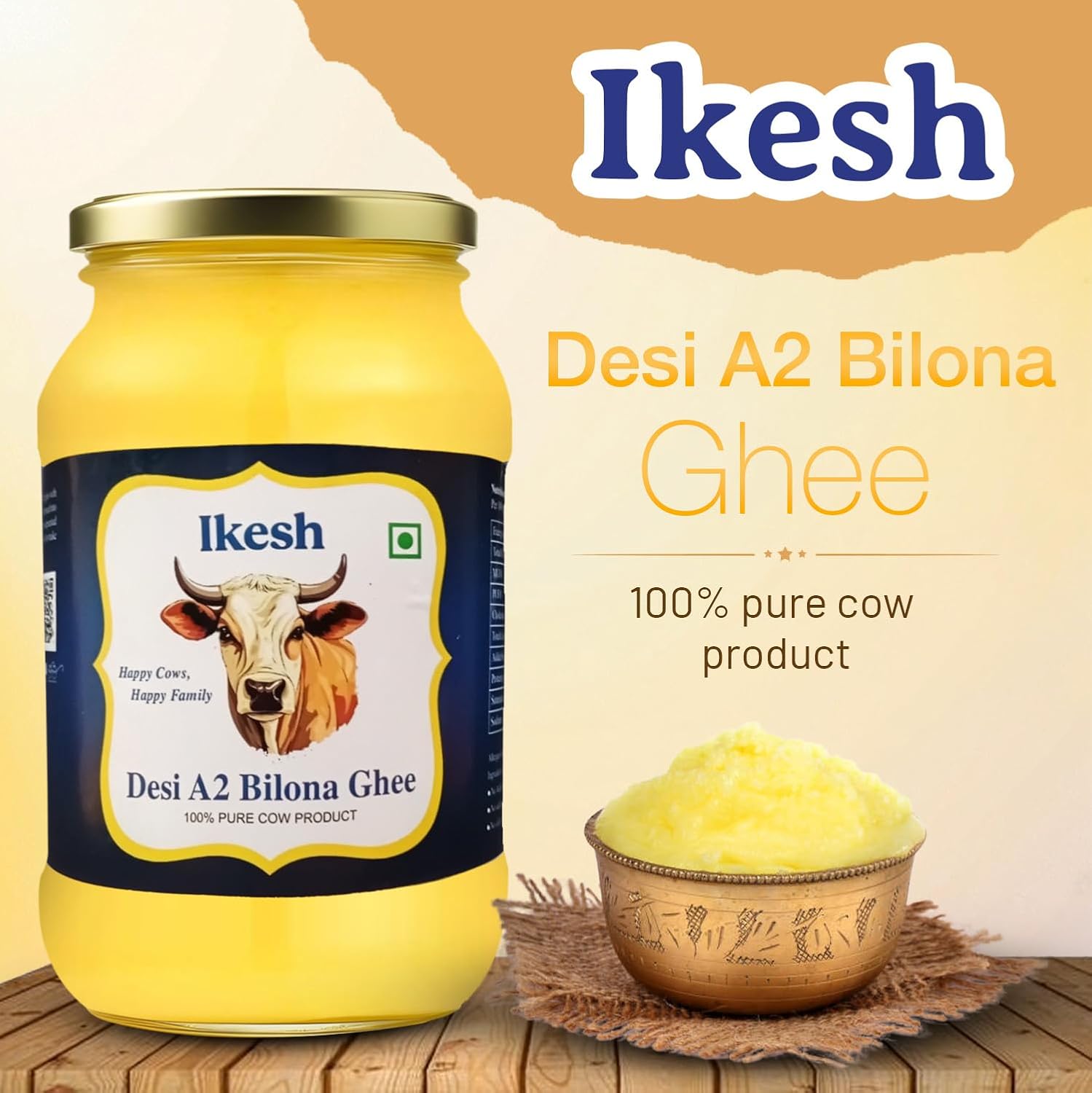 Natural A2 Bilona Cow Desi Ghee By Ikesh | High In Protein Fiber Healthy Desi Bilona Method Ghee Perfect For Baking & Frying | 2 Litre (1 Litre * 2) 67.6 Ounce | Jar Pack Natural A2 Bilona Cow Desi Ghee By Ikesh | High In Protein Fiber Healthy Desi Bilona Method Ghee Perfect For Baking & Frying | 2 Litre (1 Litre * 2) 67.6 Ounce | Jar Pack