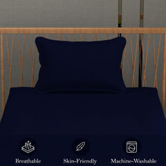 Solid Plain Single Size Bedsheet Set With 1 Pillow Covers | Size - 60 X 90 Inches, Navy Blue | Ideal For All Seasons Due To Its Breathable Nature