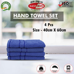 Sassoon Melrose 100% Cotton Hand Towel 800 Gsm | Highly Absorbent, Soft Material Perfect For Daily Use (Blue) -4 Piece