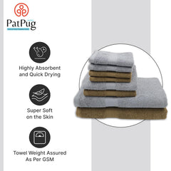 Patpug 100% Indian Cotton Plush Towel Set 2000 Gsm | Highly Absorbent, Fade Resistant, Quick Drying 2 Bath, 2 Hand & 4 Face Towel (Silver Grey & Sepia Brown) - 8 Piece