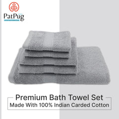 Patpug 100% Indian Cotton Plush Towel Set 1200 Gsm | Highly Absorbent, Fade Resistant, Quick Drying (Silver Grey) - 5 Piece