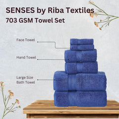 Senses By Riba Cotton Towel Bath, Hand & Wash 703 Gsm | All Cotton Zero Twist Premium Hotel & Spa Quality Highly Absorbent | Pack Of 6 (Navy)