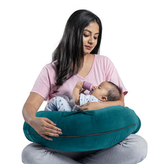 Feeding Pillow For New Born Baby, 5 In 1 Multipurpose Use - Peacock Green | Nursing Pillow With Belt & Hoop For Breastfeeding With Velvet Removable Cover | For Reading, Resting Pillow