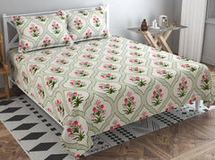 100% Cotton Double Bed Bedsheet Set With 2 Matching Pillow Covers | 90 X 90 Inches, Pista & Pink- Ideal For Villas, Guest Houses, & Daily Home Use Double Bedsheet