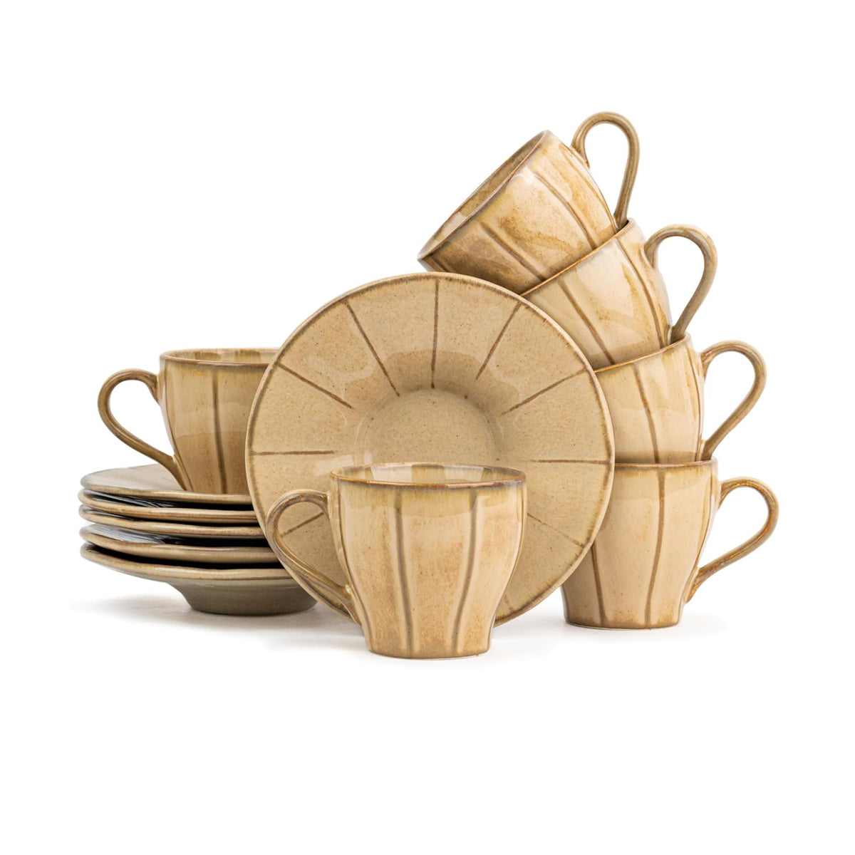 Ceramic Line Cup & Saucer Set Of 6 - Beige, 180ml Each | Cup Saucer Set - 6 Cups + 6 Saucers | Glossy Finish Tea Set - Ceramic Tea Cup & Saucer Set